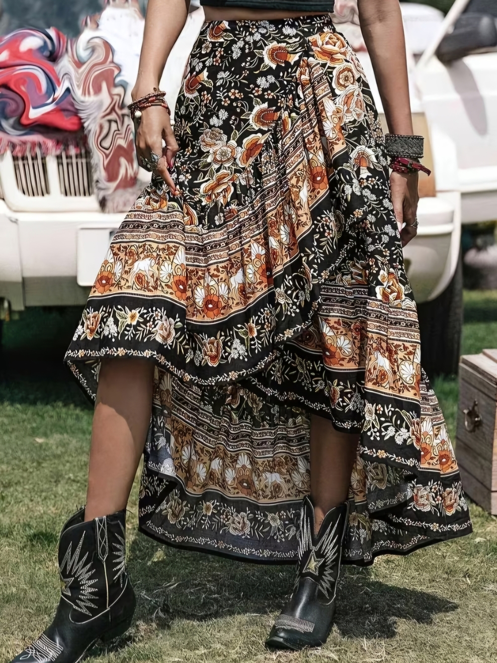 ARRIVED & SO PTETTY!! Boho High-Low Floral Wrap Skirt in Black and Rust